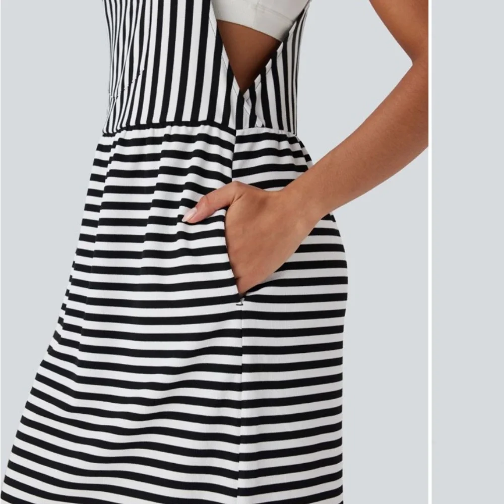 NWOT HALARA Black and White Striped Midi Dress - Picture 2 of 6